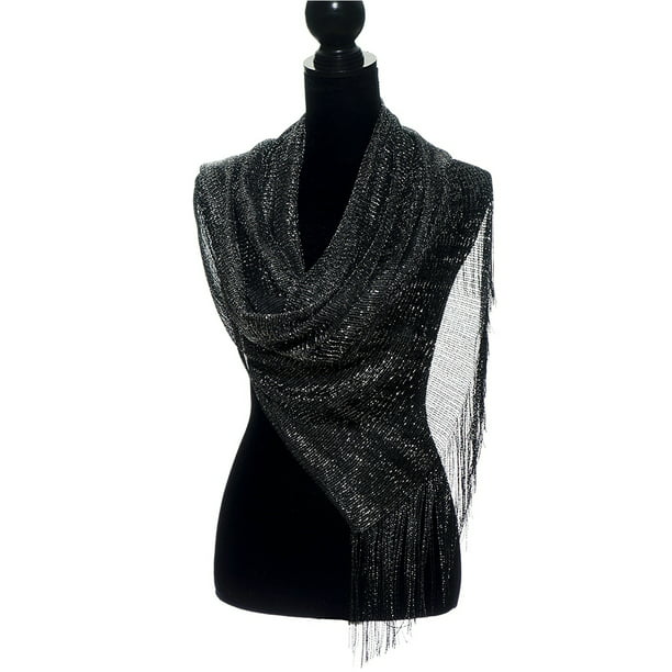 Black Gold Glittery Wrap Shawl Sparkly Floral Sequin Scarf Evening Lightweight